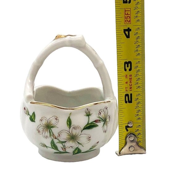 Vintage Lefton Porcelain Trinket Basket Hand Painted Dogwood Flowers Gilt Japan - Picture 8 of 9